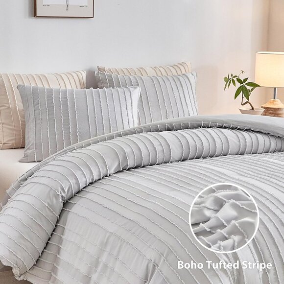 Boho Duvet Cover Striped Textured Duvet Cover Set Tufted Bedding Set  Lightgrey - Picture 2 of 7